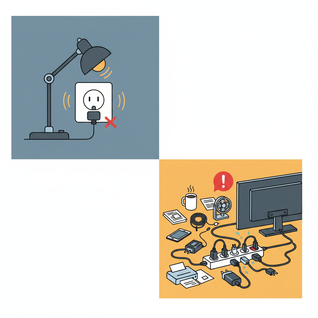 An infographic style illustration with two distinct panels. The first panel shows a wall power outlet with a test device (e.g., a lamp or small appliance) plugged in, either failing to light up or flickering, indicating a faulty outlet. The second panel displays a busy, slightly messy power strip or surge protector with multiple devices plugged in, one of which leads to a TV, showing a subtle visual cue of overload or poor connection (e.g., a barely visible spark effect at one of the plugs, or a dim, flickering indicator light).