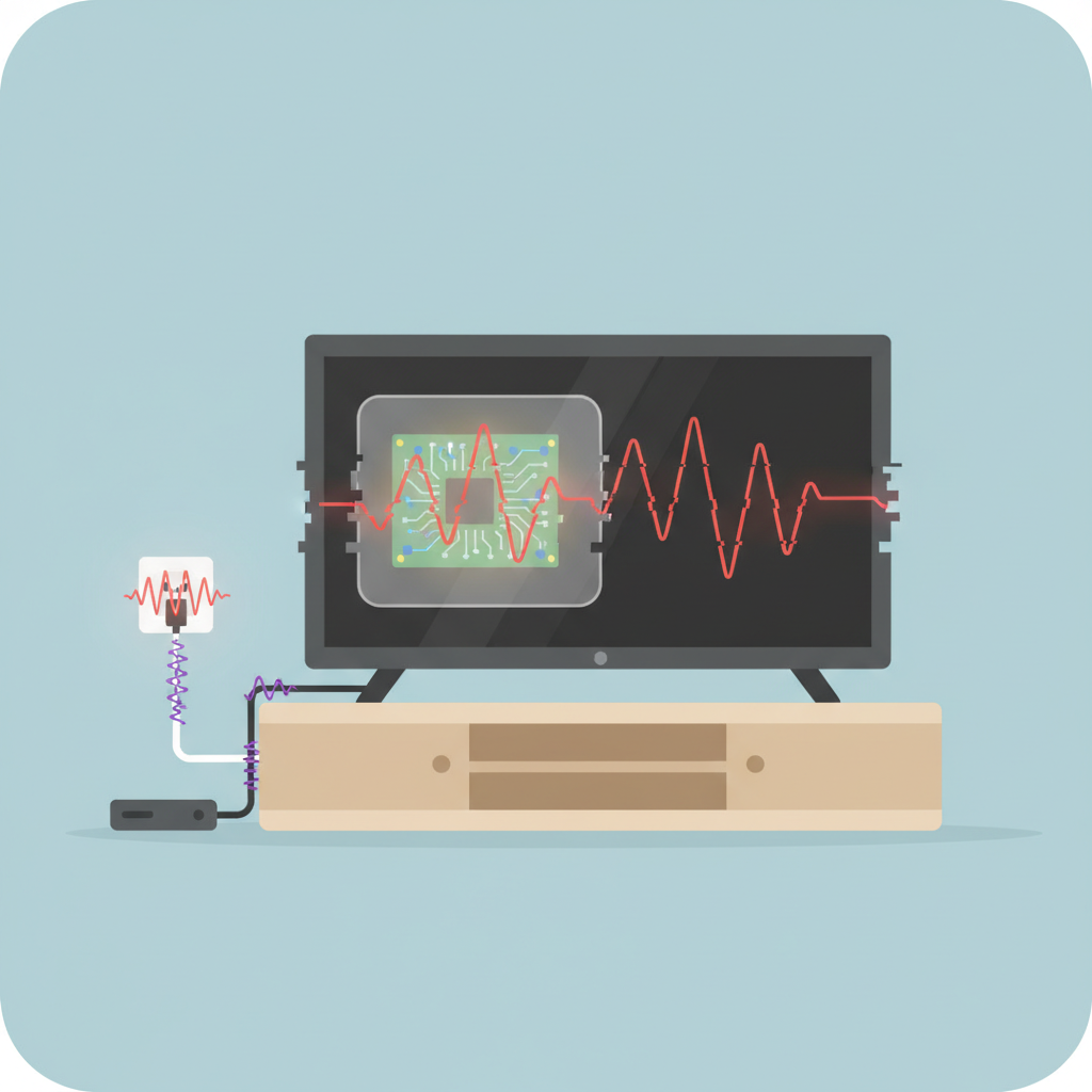 A clean, flat illustration depicting a simplified modern flat-screen TV in a domestic setting. Around the TV, various elements are subtly highlighted with subtle error indicators (e.g., wavy lines, subtle 'glitch' effects): a power cable leading to a wall socket, an HDMI cable connecting to an external device like a streaming box, and a faint, subtle representation of internal circuit board components within the TV's casing. The overall scene visually hints at multiple potential points of failure, both external and internal, without being overly technical.