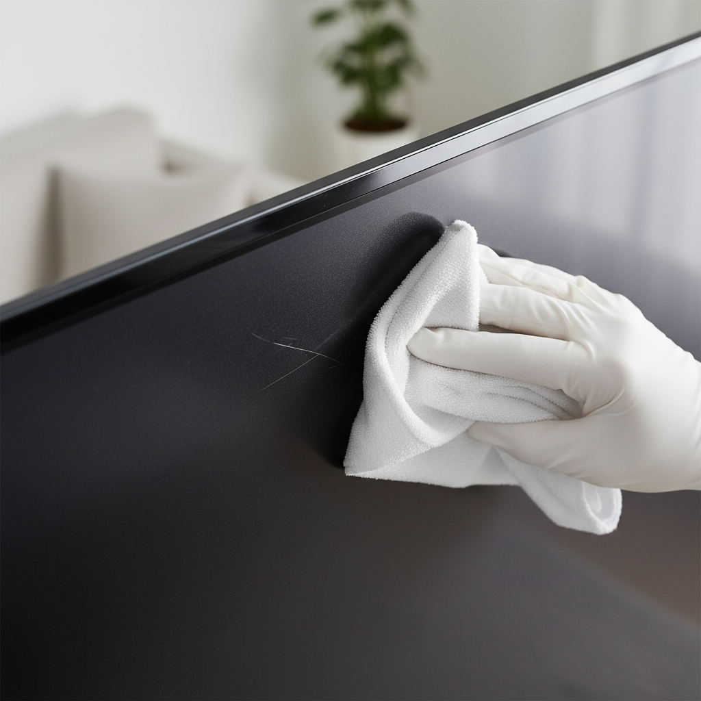 A close-up, slightly angled view of a modern, sleek TV screen with a visible, fine scratch near the center. A gentle hand, possibly wearing a protective glove or holding a soft, pristine microfiber cloth, is carefully positioned near the scratch, symbolizing the meticulous and cautious approach to screen repair. The screen should have a subtle anti-glare texture. The background is softly blurred, focusing attention on the delicate screen surface and the careful action. Professional, high-resolution photo with a shallow depth of field, illuminated by soft, natural light. No text, words, letters, titles, captions, or typography.