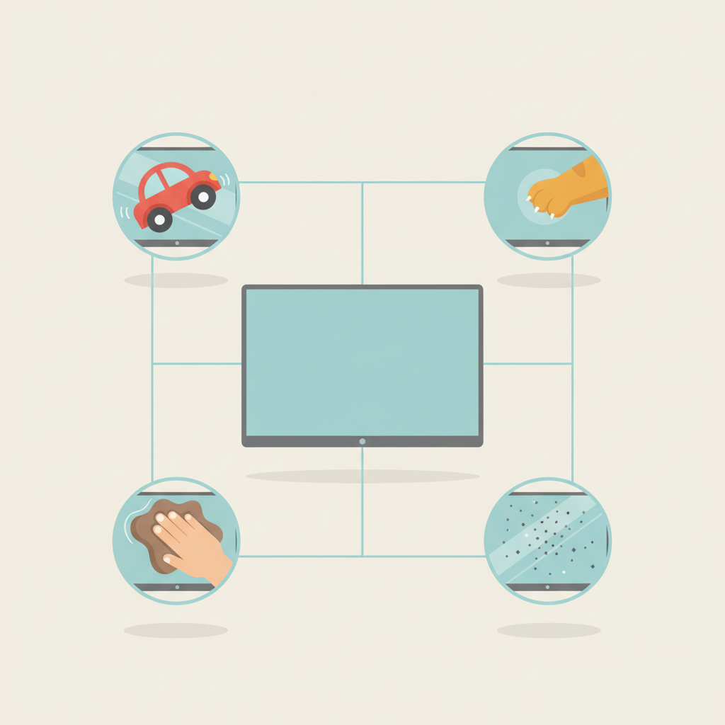 A modern, clean flat illustration depicting various common household scenarios that cause TV screen scratches. The central element is a minimalist TV screen, surrounded by small, interconnected vignettes. These vignettes visually represent common causes: a child's toy accidentally bumping the screen, a cat's paw playfully interacting with the display, a hand using an abrasive cloth for cleaning, and tiny dust particles appearing as potential scratching agents. Use a calm, professional color palette with subtle shadows for depth. The overall composition should be clear and informative, highlighting the diverse origins of screen damage. No text, words, letters, titles, captions, or typography.