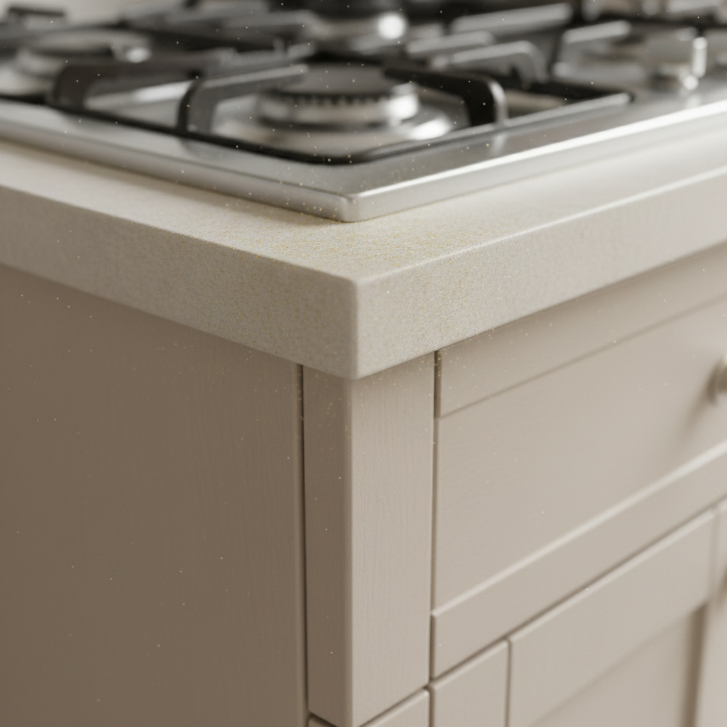 A close-up, slightly elevated professional photo of the top edge or side panel of a light-colored kitchen cabinet, positioned subtly above a stovetop. The cabinet surface has a delicate, almost imperceptible film of greasy dust, catching the soft ambient light to highlight its presence. A faint, shimmering haze around the cabinet edges subtly suggests airborne cooking particles settling. The scene should convey a common, untreated kitchen environment with a focus on the subtle accumulation of grime, making it visually tangible yet not overly dramatic. Natural, soft lighting emphasizes realism.