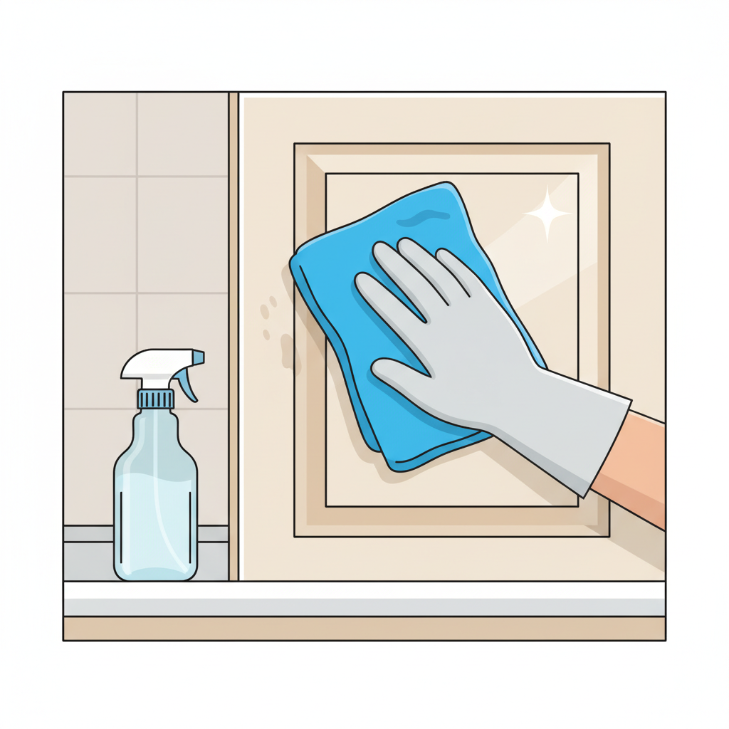 A vibrant, clean flat illustration depicting a hand, wearing a subtle glove if desired, gently wiping a light-colored kitchen cabinet door with a soft, damp blue microfiber cloth. The cabinet surface should visually transition from a slightly dull, uncleaned section on one side to a noticeably clean, shiny section where the cloth has passed. A simple, clear spray bottle, implying a cleaning solution, is subtly placed on the counter next to the cabinet. The overall impression should be bright, efficient, and convey the ease and effectiveness of the cleaning process.