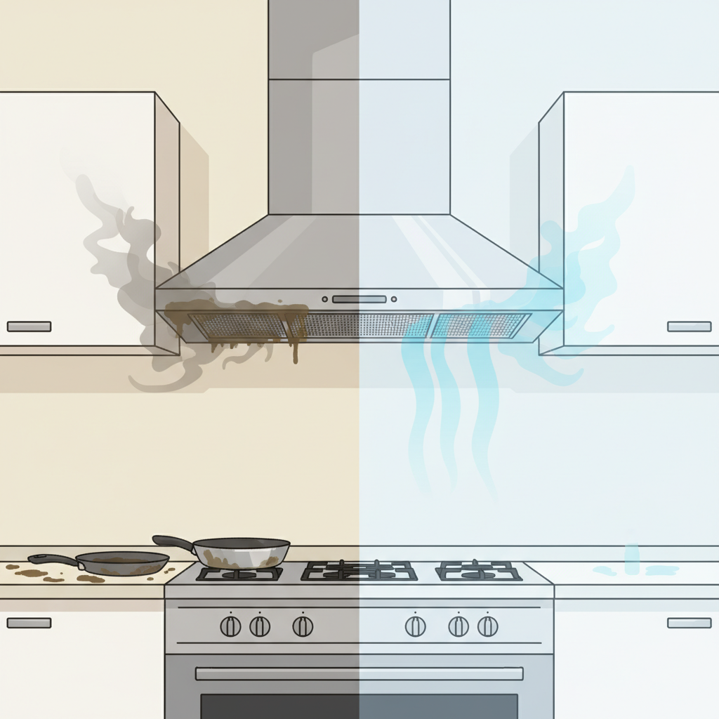 A vibrant, split-scene flat illustration. On the left side, a kitchen range hood above a stovetop features a visibly dirty, dark grease filter. Smoky, greasy cooking fumes are escaping around the clogged filter, spreading subtly onto nearby kitchen cabinets. The overall atmosphere is dim and slightly unkempt. On the right side, the same kitchen setup, but the range hood boasts a sparkling clean, bright metal grease filter. Crisp, clear air flows freely into the hood, indicated by light, upward-sweeping lines. The kitchen environment looks fresh, bright, and tidy, emphasizing the benefits of a clean filter.