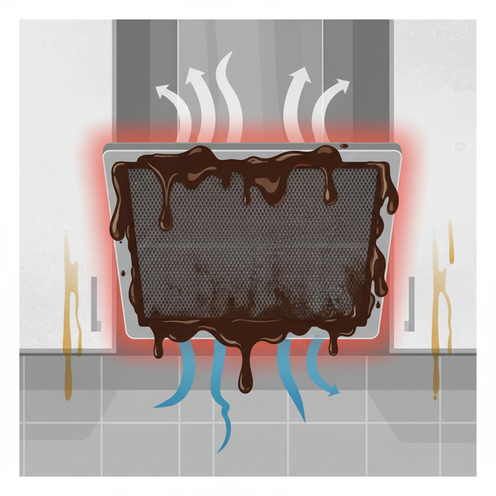 A detailed, close-up infographic-style illustration focusing on a range hood's mesh grease filter. The filter is heavily caked with dark, viscous grease, clearly obstructing its functionality. Around the filter, visual metaphors highlight the consequences of neglect: subtle red/orange glows emanating from the accumulated grease suggesting a fire hazard, faint oily streaks visibly forming on adjacent kitchen surfaces like cabinets and walls, and thick, struggling air current lines attempting to pass through the clogged mesh, illustrating reduced efficiency. The image should convey a sense of danger and inefficiency stemming from the dirty filter.