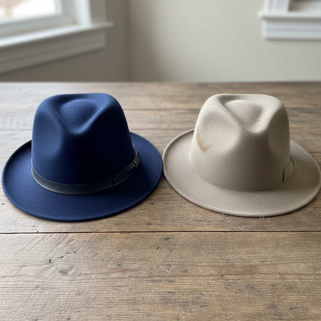 A beautifully styled professional photo of a well-maintained, classic felt fedora resting on a wooden surface next to a slightly worn, dusty felt fedora. The well-maintained hat looks vibrant and clean, while the other shows visible dust and a faint stain, illustrating the 'before and after' or the need for care. Soft, natural lighting highlights the texture of both hats. Focus on the contrast between neglected and cared-for.