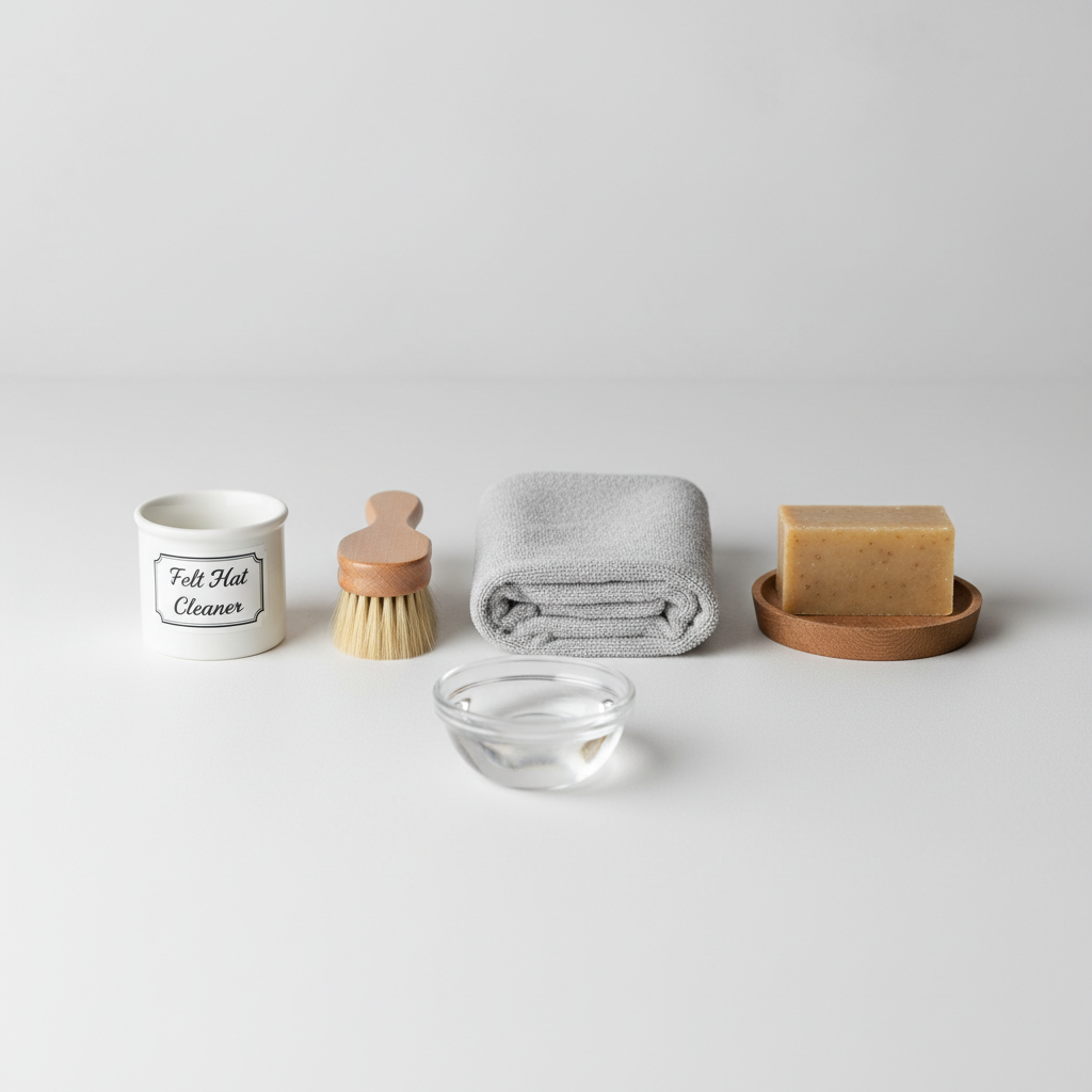 A detailed close-up shot in a clean, brightly lit professional studio style, showcasing the essential tools for felt hat cleaning laid out neatly on a light-colored, minimal surface. Include a soft-bristled hat brush, a microfibre cloth, a small container of specialized felt cleaner, a bar of gall soap, and a small dish with white vinegar. Emphasize organization and readiness.