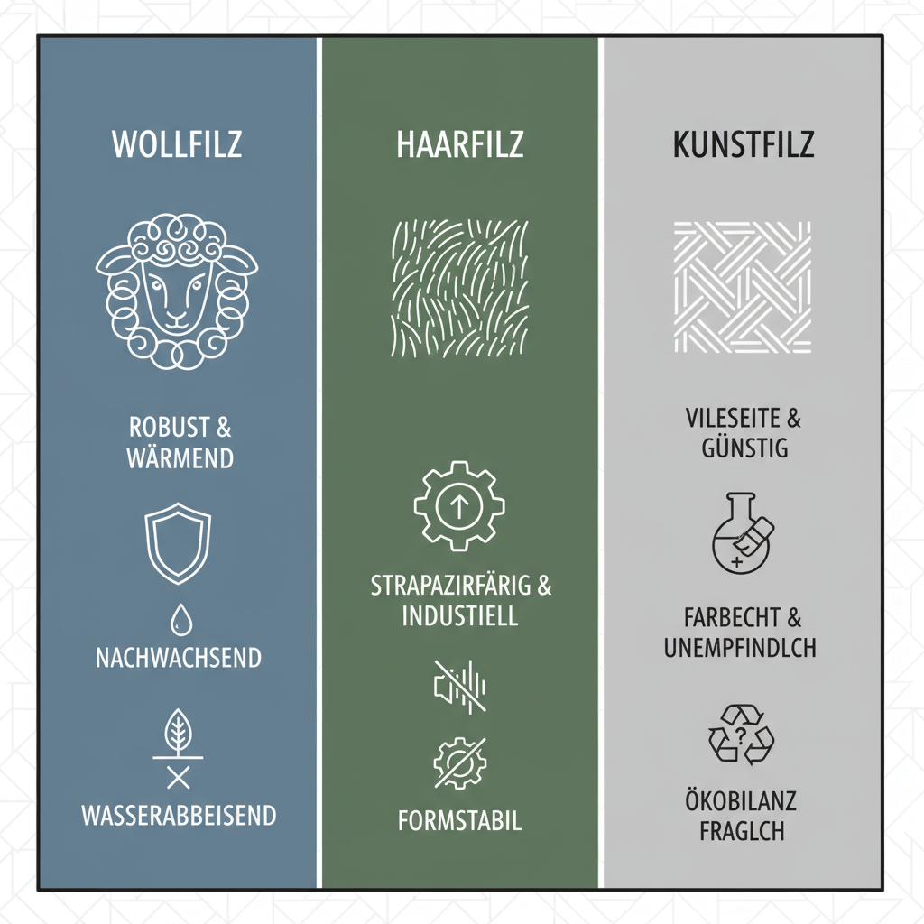 An informative infographic-style illustration depicting three distinct sections, each representing a type of felt: Wollfilz (wool felt), Haarfilz (hair felt), and Kunstfilz (synthetic felt). Each section should have a small, stylized icon or pattern representing its texture and a concise pro/con or characteristic symbol (e.g., a shield for robustness, a delicate flower for fineness, a gear for practical). Use clean lines and a modern color palette.