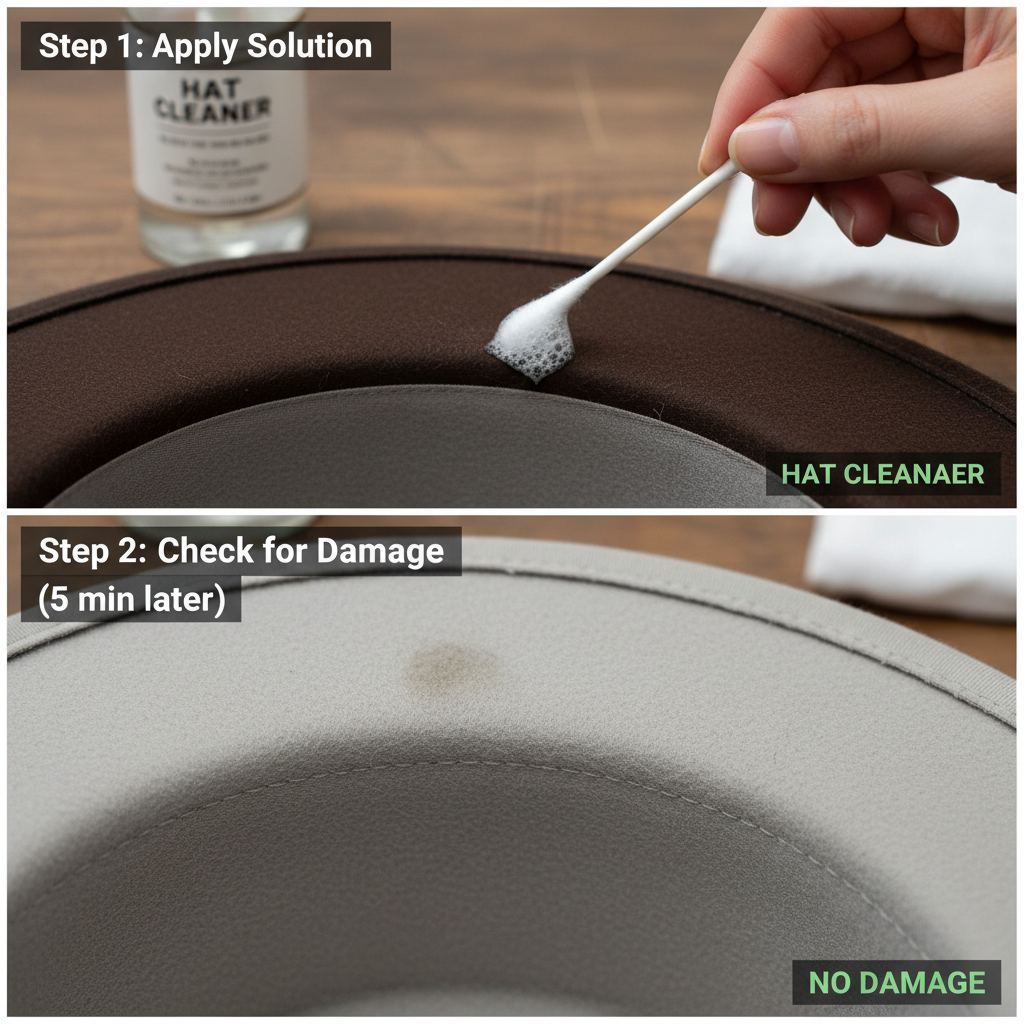 A step-by-step close-up professional photo series (or a composite image) illustrating the 'material test.' The first panel shows a hand applying a small amount of cleaning solution with a cotton swab to an inconspicuous inner brim of a felt hat. The second panel shows a detail shot of the tested area after a few minutes, emphasizing the 'no damage' result. The overall impression should be careful and methodical.