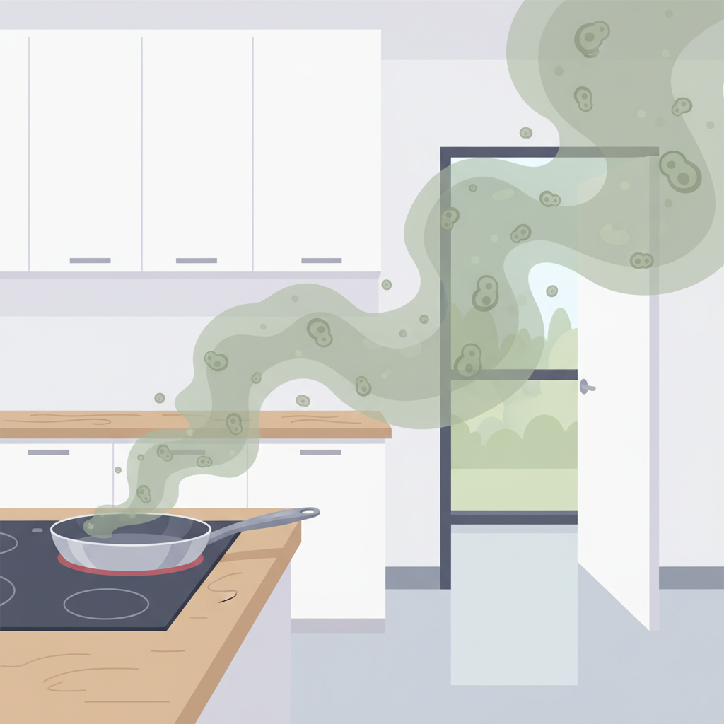 A modern, clean kitchen scene, but with subtle, wavy, unpleasant-looking green or gray 'smell' wisps emanating from a frying pan on a stovetop and subtly spreading towards an open doorway. The overall atmosphere should suggest discomfort or an unwelcome presence. Use a slightly cartoonish, flat illustration style with soft colors, emphasizing the invisible but pervasive nature of the smell without making it explicitly 'bad' but clearly a nuisance. Focus on the visual representation of odor molecules dispersing.