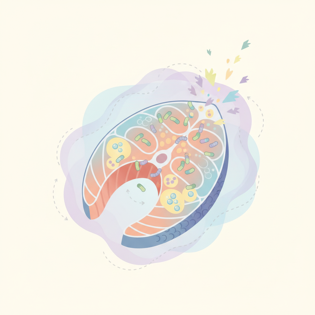 An infographic-style illustration depicting the molecular formation of fish odor. Show a stylized fish fillet with tiny, abstract representations of bacteria interacting with cellular components, leading to emanating stylized 'odor molecules' (e.g., small, triangular or unique shapes). Use a clean, scientific diagram aesthetic with a pastel color palette. The focus is on illustrating the process of smell generation at a microscopic level, suitable for explaining a complex concept visually.