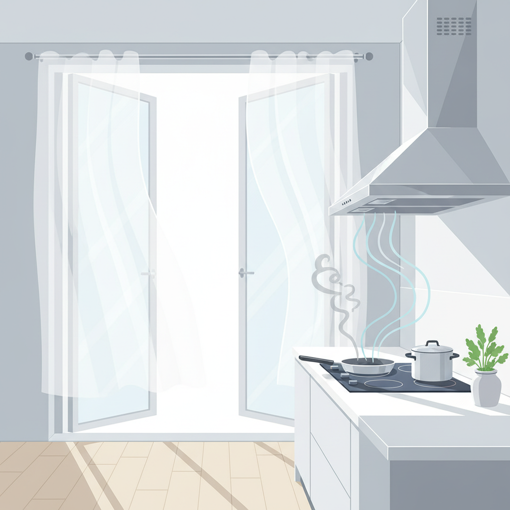 A bright, airy kitchen interior after cooking, with large windows thrown wide open, showing a gentle breeze indicated by subtly moving curtains. Simultaneously, a sleek, modern extractor hood above a stovetop is actively running, indicated by subtle airflow lines moving upwards. The scene conveys a sense of fresh air circulating and bad odors being drawn away. Use a professional, clean flat illustration style with a focus on light and movement to depict effective ventilation.