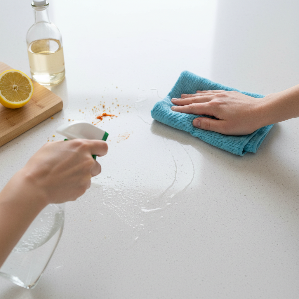 A close-up, top-down view of hands actively wiping down a kitchen countertop after cooking. One hand holds a generic spray bottle and the other holds a clean cloth, leaving a visibly clean, sparkling trail. There could be a subtle visual hint of a lemon or a generic bottle of vinegar nearby to suggest natural cleaning agents, without any labels. The focus is on the act of immediate, thorough cleaning. Use a realistic, bright professional photo style.