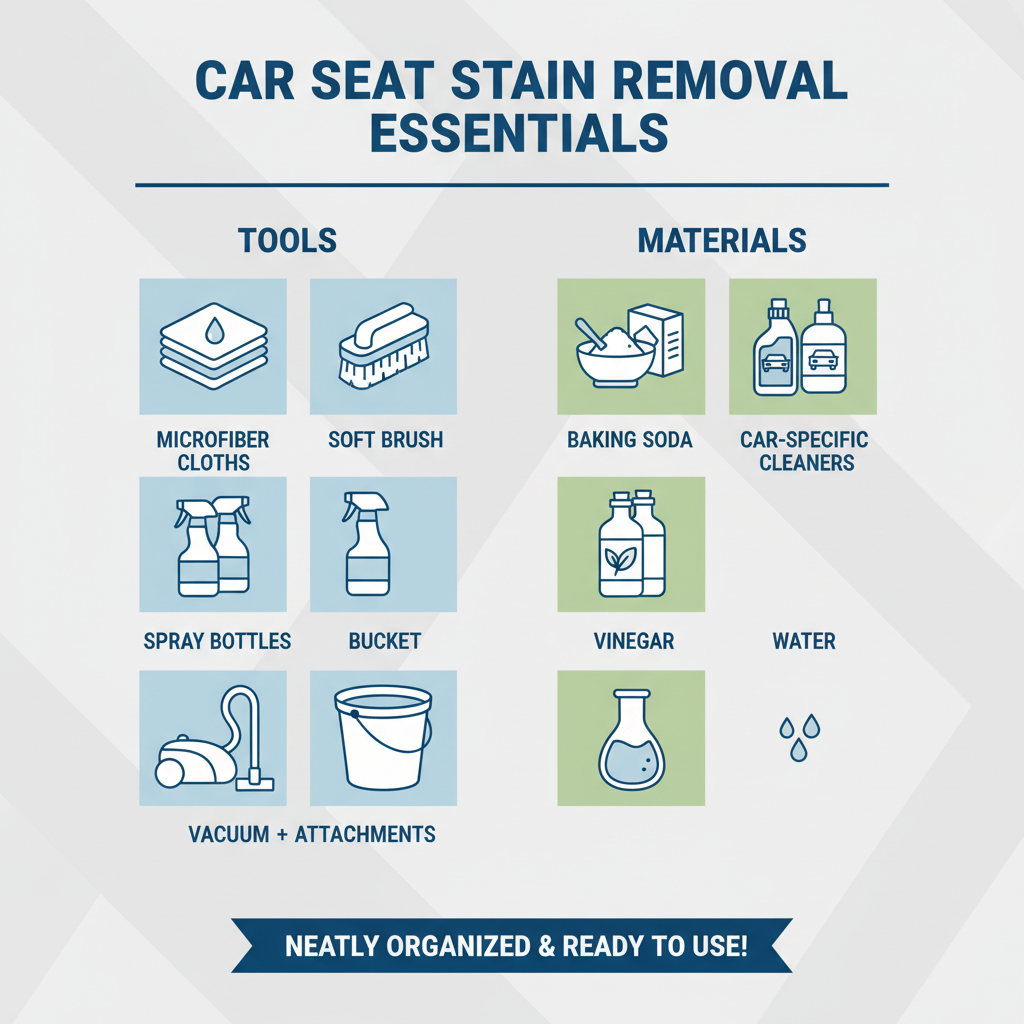 A clean, modern infographic illustration detailing the essential tools and materials for car seat stain removal. The layout should clearly show icons and labels for microfiber cloths, a soft brush, spray bottles, a bucket, a vacuum with attachments, car-specific cleaners, and common household remedies like baking soda and vinegar. Emphasize a neatly organized, ready-to-use setup.