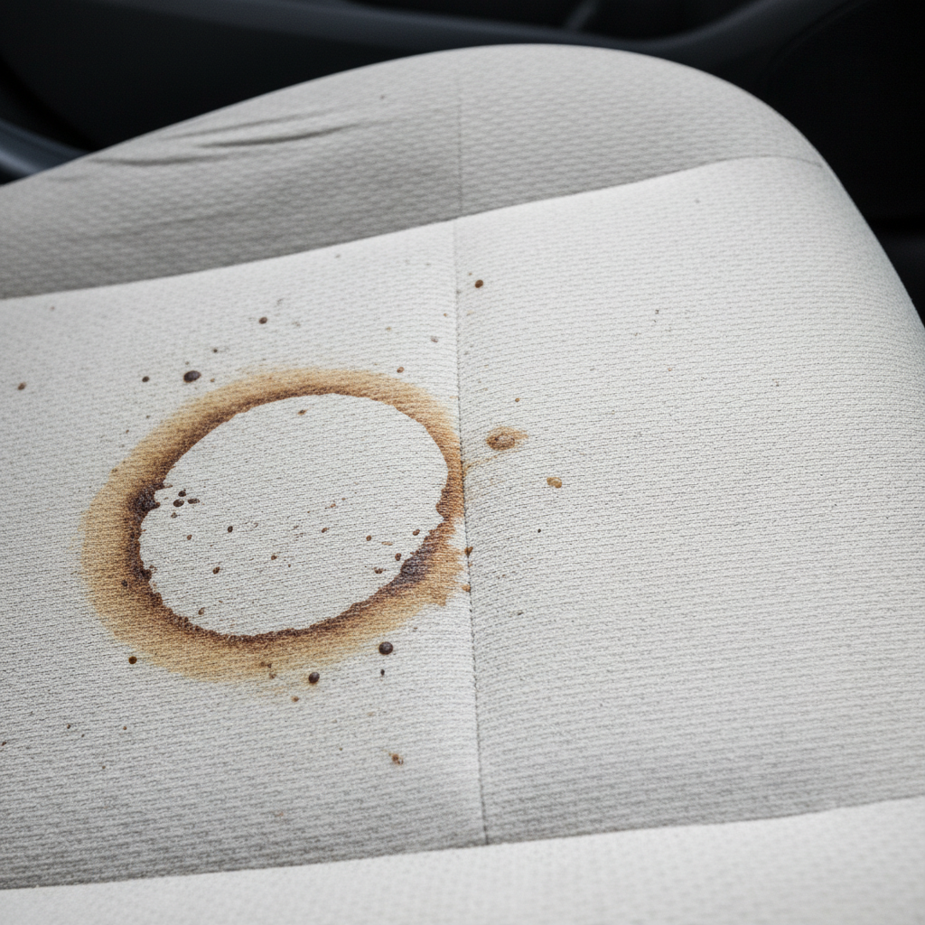 A detailed close-up shot of a car seat, specifically showing two contrasting sections: one with a clearly visible, dried stain (e.g., a coffee ring or food grease), and an adjacent section that is pristine and clean. The image should visually represent the 'before and after' effect, highlighting the improvement possible with proper cleaning. Style: Realistic, high-resolution photo.