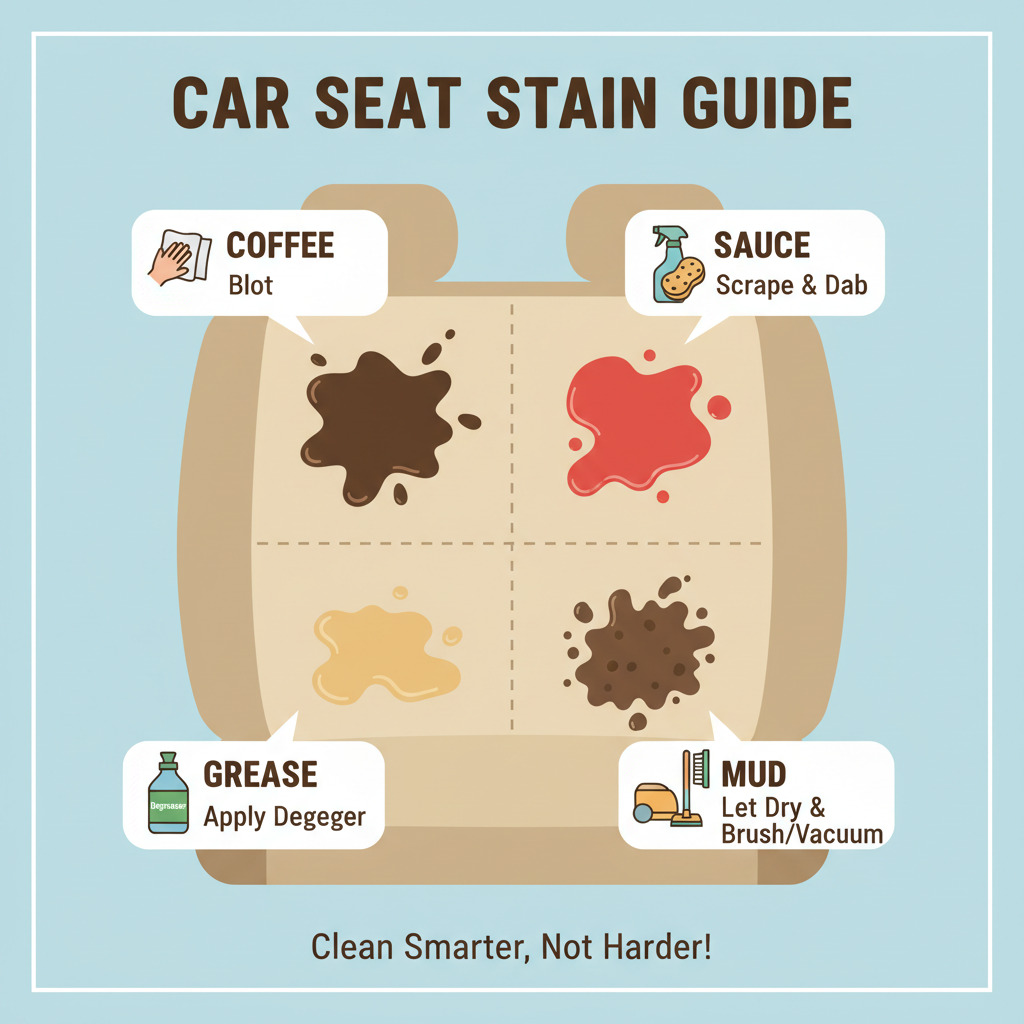 A flat illustration depicting a variety of common, distinct stains on different sections of a simplified car seat graphic. Each stain type (e.g., a dark coffee spill, a red sauce smear, a greasy spot, a mud splat) should be clearly identifiable. Speech bubbles or small icons above each stain could suggest different initial cleaning approaches (e.g., 'Coffee - blot', 'Grease - degreaser'). The overall style should be clean, informative, and engaging.