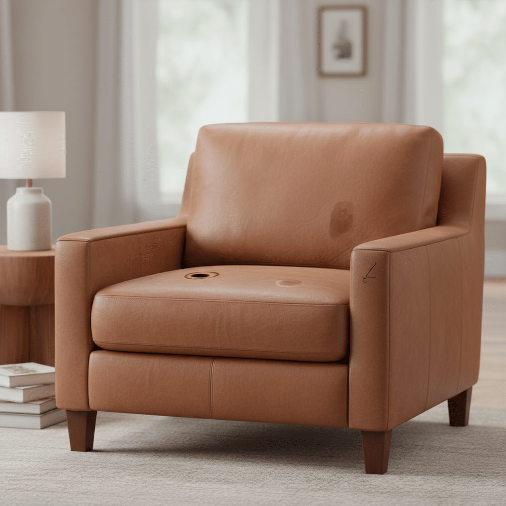 A professional photo of a luxurious, light brown leather armchair with several distinct, yet subtly applied, common stains: a small coffee spill, a light grease mark, and a faint pen line. The stains should be visible but not overly prominent, indicating areas to be treated. The background should be a cozy, contemporary living room setting with soft focus, emphasizing the leather.