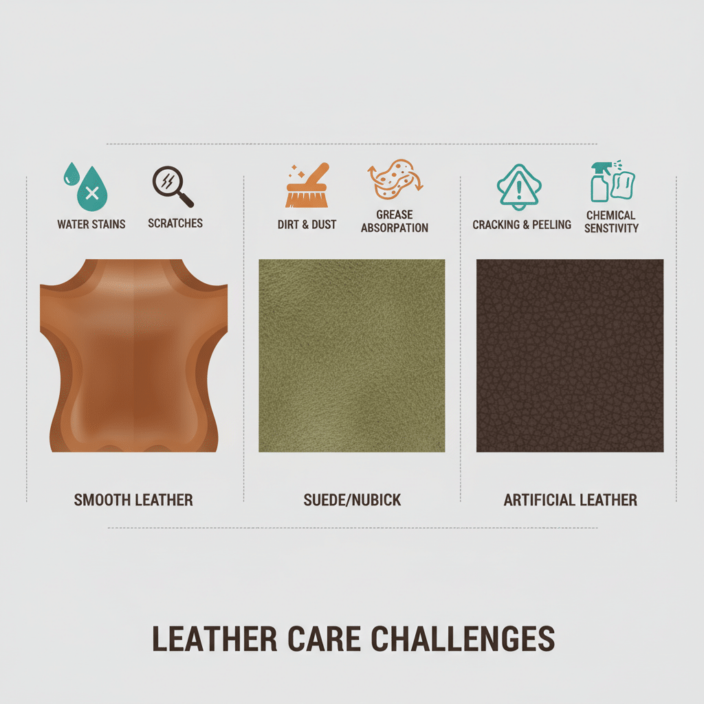 An infographic-style illustration depicting various types of leather (smooth leather, suede/nubuck, and artificial leather) arranged in a horizontal row. Each leather type should have a small, clear icon above it representing a specific cleaning challenge or property unique to that leather. Use a clean, modern aesthetic with a limited color palette focusing on earthy tones and accent colors for the icons.