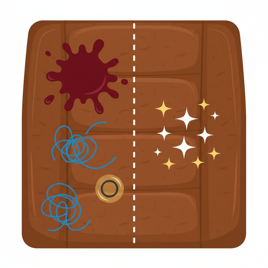 A vibrant, flat illustration depicting a 'before and after' scenario. On one side, a section of a leather surface (e.g., a car seat or handbag) with various stylized, common stains like a red wine splash, a pen scribble, and a grease spot. On the other side, the same leather section appears perfectly clean and pristine. A dividing line between the two sections should be subtle, with a sparkle effect on the 'after' side to represent cleanliness.