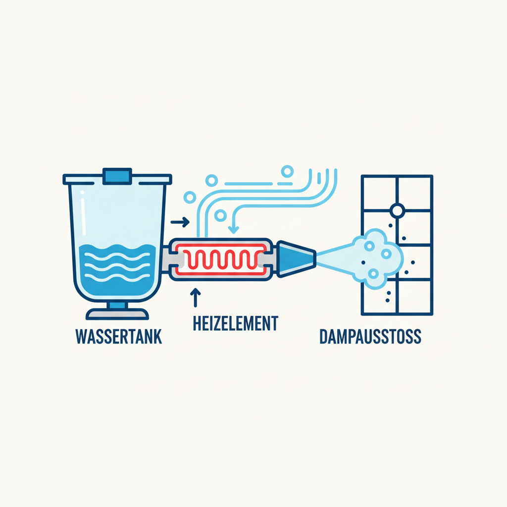 An infographic-style diagram illustrating how a steam cleaner works. Show a cutaway view of the device: water in a tank, heating element, steam being generated, and then exiting through a nozzle onto a tiled surface. Label key components like 'Wassertank' (Water Tank), 'Heizelement' (Heating Element), and 'Dampfausstoß' (Steam Output). Use clean lines, clear iconography, and a blue and white color scheme to represent steam and cleanliness.