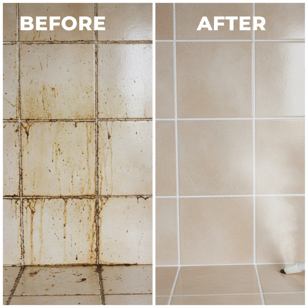 A split-screen or 'before and after' image focusing on kitchen tiles and grout. On one side, visibly dirty, greasy kitchen tiles with discolored grout lines. On the other side, the same tiles and grout are impeccably clean and bright, showcasing the transformative power of steam cleaning. The 'after' side should look vibrant and sanitized. Professional photograph with a clear distinction between the two states.