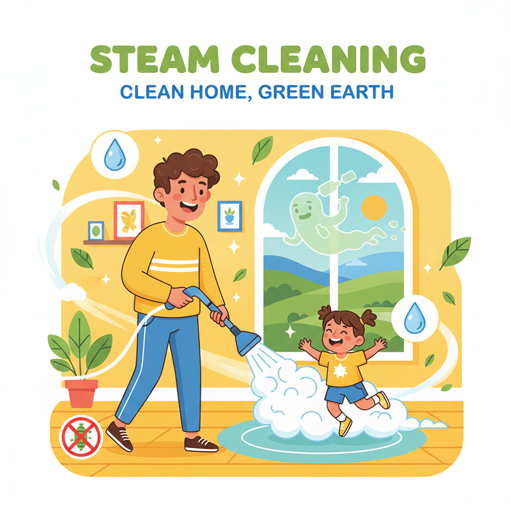 A playful, flat illustration depicting the environmental and health benefits of steam cleaning. Show a parent and child happily in a clean home, surrounded by green leaves and sparkling air, while a ghost-like representation of cleaning chemicals floats away in the distance, disappearing. Include subtle icons for bacteria (crossed out) and a water droplet symbol. Bright, friendly colors and a cartoonish style.