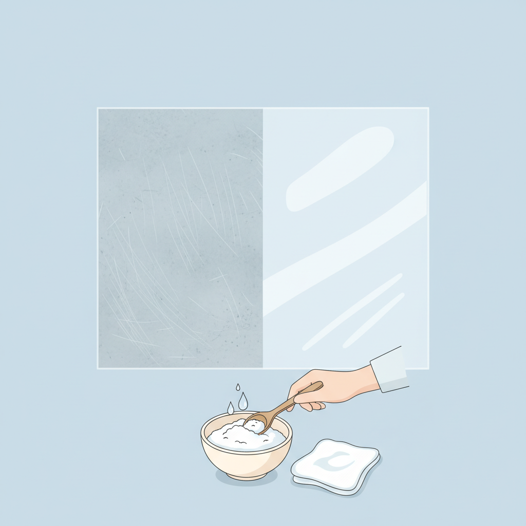 A bright, clean flat illustration showcasing a conceptual representation of tile restoration. On the left side, a section of a floor tile appears dull with several fine, visible scratches. On the right side, the same tile section is perfectly smooth, shiny, and highly reflective, symbolizing cleanliness and newness. In the foreground, a small bowl contains white baking soda powder, and a hand is seen mixing it with a few drops of water to create a thick paste, next to a clean soft cloth. The overall image conveys a transformation from damaged to pristine.