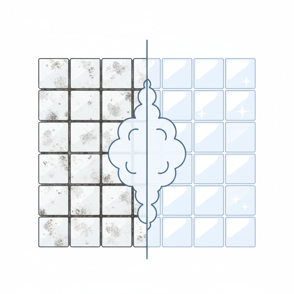 A split-screen or 'before and after' flat illustration of bathroom floor tiles. The left side shows dull, grimy white tiles with visibly dirty dark grout lines, accumulated with general household dirt and soap residue. The right side displays the same tiles gleaming, sparkling clean with bright, pristine grout. A subtle, conceptual steam cloud emanates from the transition line, symbolizing the cleaning action. The overall style is clean, modern, and inviting.