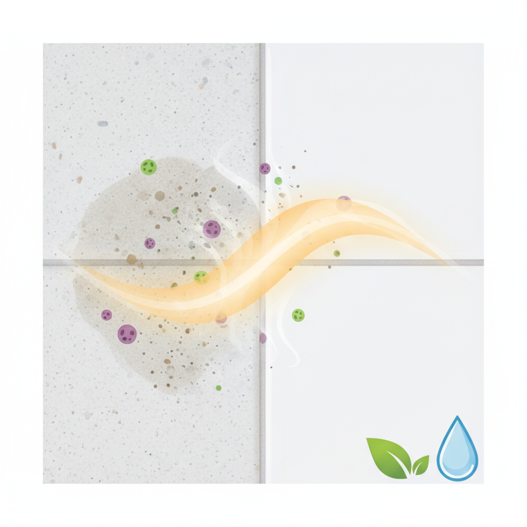 An infographic style illustration depicting a close-up of a tile and grout surface. Visible abstract representations of dirt particles and tiny, innocuous bacteria shapes are shown on the 'before' side. A wave of translucent, warm steam is flowing across, visually dissolving the dirt and eliminating the bacteria. Adjacent to this, a small, stylized green leaf icon and a clean water droplet symbolize the eco-friendly, chemical-free aspect of steam cleaning. The colors are fresh and clean.