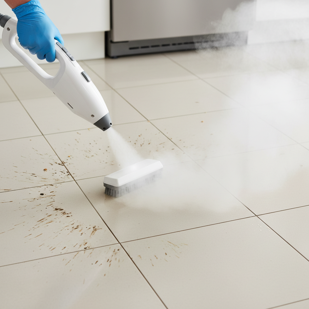 A professional, well-lit photo from a slightly elevated perspective, showcasing a person's hand holding a steam cleaner head in action on a kitchen floor. A visible plume of hot steam is vigorously emitted from the nozzle, directly impacting a section of ceramic tiles with some visible but not overwhelming grease splatters or food residue. The tiles under the steam are beginning to show a clear, clean path, contrasting with the untouched areas. Focus on the steam's power and effectiveness.
