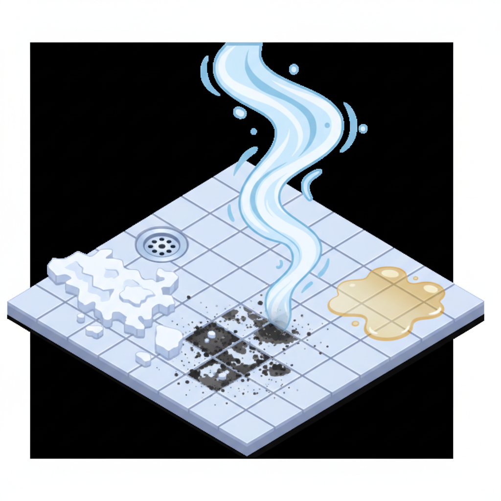 A vibrant, isometric illustration featuring a stylized corner of a bathroom floor with various types of stubborn tile grime. One section shows a build-up of white lime scale near a shower drain, another has dark, embedded grime in the grout lines, and a third displays a greasy smudge on a tile surface. A conceptual, dynamic swirl of steam hovers above these areas, suggesting their imminent removal. The scene is bright and highlights the different challenges steam cleaning addresses.