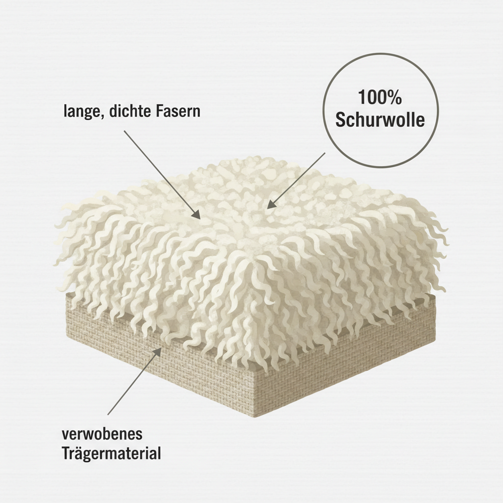 An illustrative diagram breaking down the unique structure of a Flokati rug. Show a cross-section of the rug, clearly labeling '100% Schurwolle' (virgin wool), 'lange, dichte Fasern' (long, dense fibers), and the 'verwobenes Trägermaterial' (woven backing). Use a clean, modern infographic style with muted wool-like colors and clear, easy-to-read German labels.