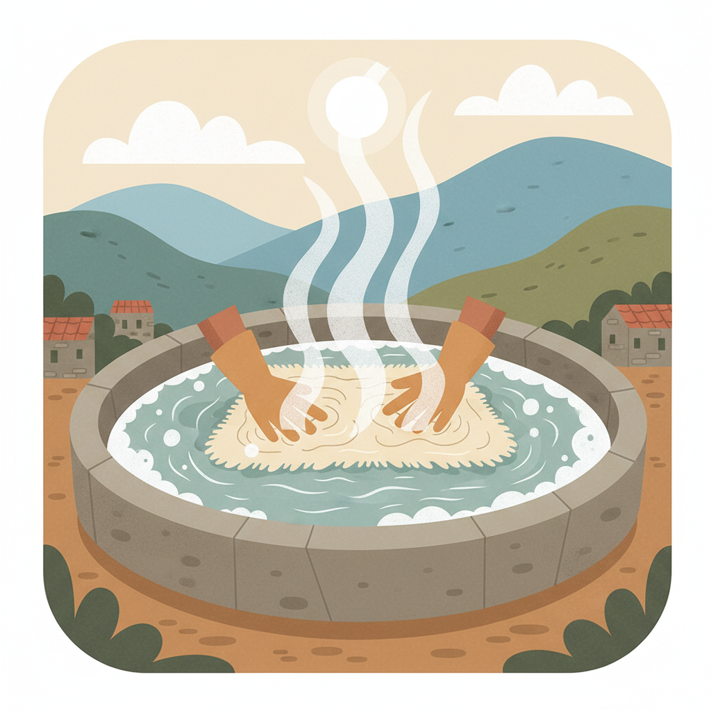 A stylized illustration depicting the traditional 'Walken' (felting) process for Flokati rugs. Show a simplified representation of a rug being agitated in a large basin of hot water and soap, with steam rising. Emphasize the swelling and curling of the wool fibers. Include a subtle background hinting at a rustic, Greek mountain setting. Flat illustration style, soft color palette.