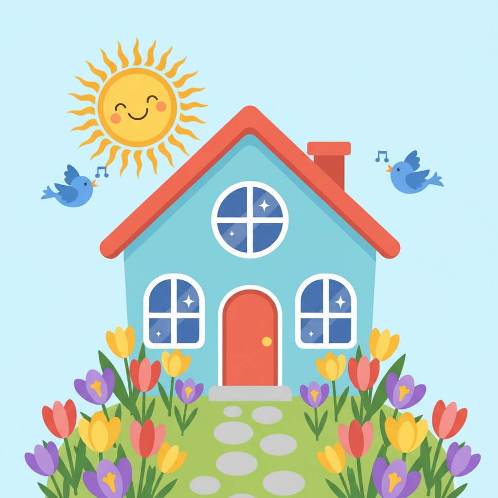 A vibrant, cheerful flat illustration depicting a house with a beaming sun overhead, birds chirping, and vibrant spring flowers (like crocuses) blooming around the base. The house has sparkling windows and a welcoming, clean appearance, symbolizing a fresh start after winter. The color palette should be bright and optimistic, with soft, rounded shapes.