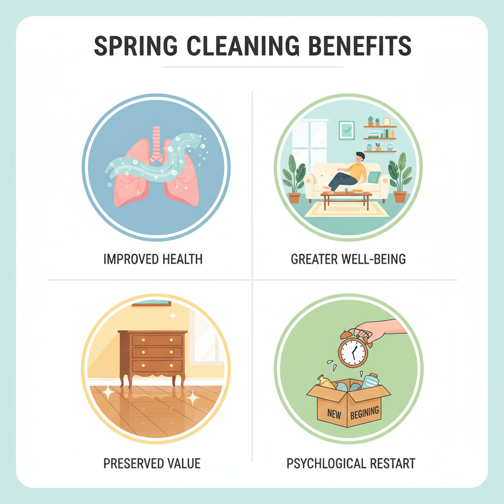 An infographic-style illustration showcasing the key benefits of spring cleaning. Use four distinct icons or small vignettes: a clean, allergen-free air stream flowing into a healthy lung outline (for health), a serene, organized living room with a person relaxing on a sofa (for well-being), a gleaming, well-maintained wooden floor extending from a polished furniture piece (for value preservation), and a person discarding old items into a 'new beginning' box (for psychological restart). Each icon should be accompanied by a short, descriptive text label.