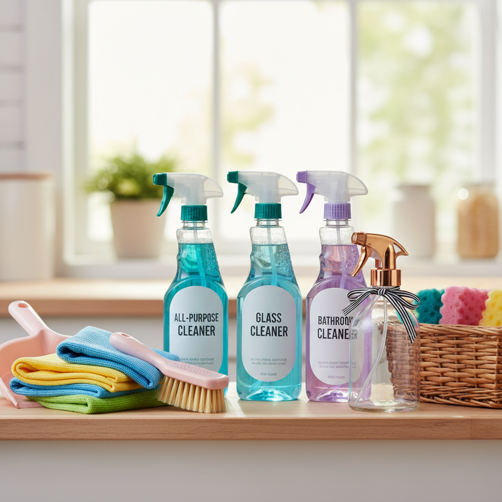 A professional, yet inviting photo of various cleaning supplies neatly organized on a clean countertop or shelf. Include a variety of colorful bottles (all-purpose cleaner, glass cleaner, bathroom cleaner), sponges, microfiber cloths, a dustpan and brush, and possibly a stylish-looking spray bottle. The background should be blurred to keep the focus on the cleaning tools, suggesting readiness and organization for spring cleaning.