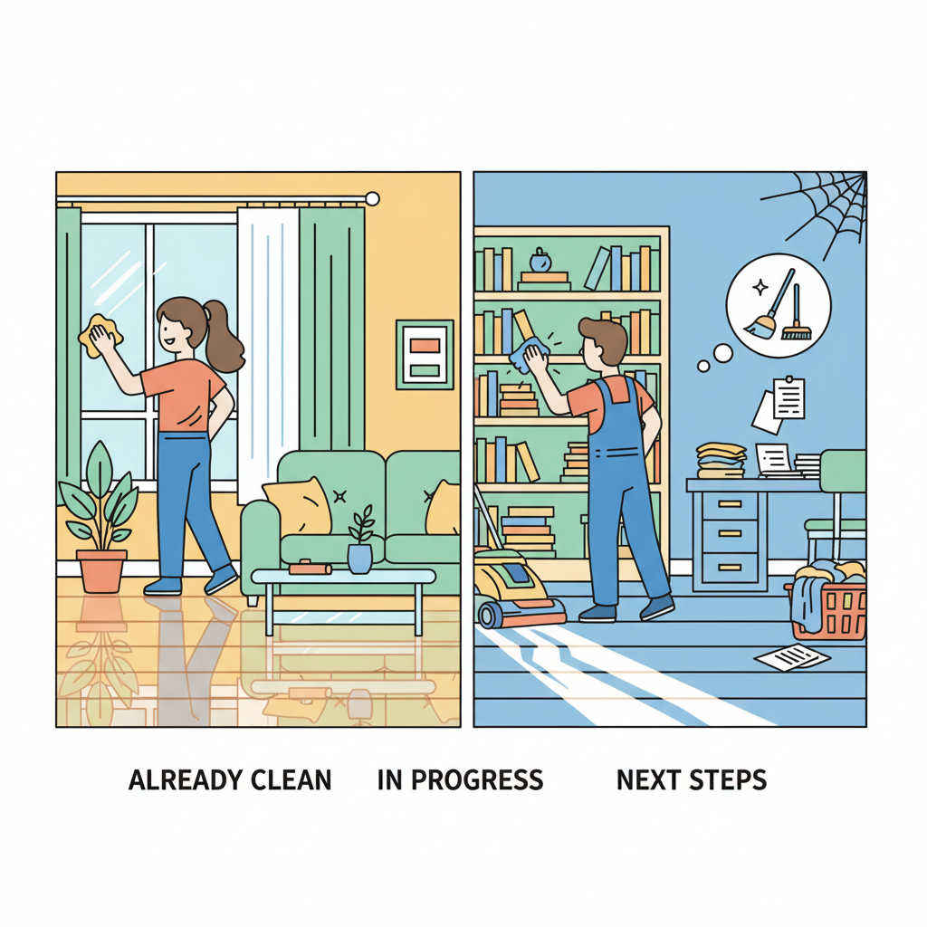 A flat illustration depicting a room being methodically cleaned, perhaps a living room or kitchen. Show a simplified representation of a task being completed in one area (e.g., someone wiping a window or dusting a shelf), while other areas are clearly demarcated as 'next steps' or 'already clean' with subtle visual cues. The illustration should convey a sense of organization and progress rather than chaos, using a friendly and approachable style with clear lines and a balanced composition.