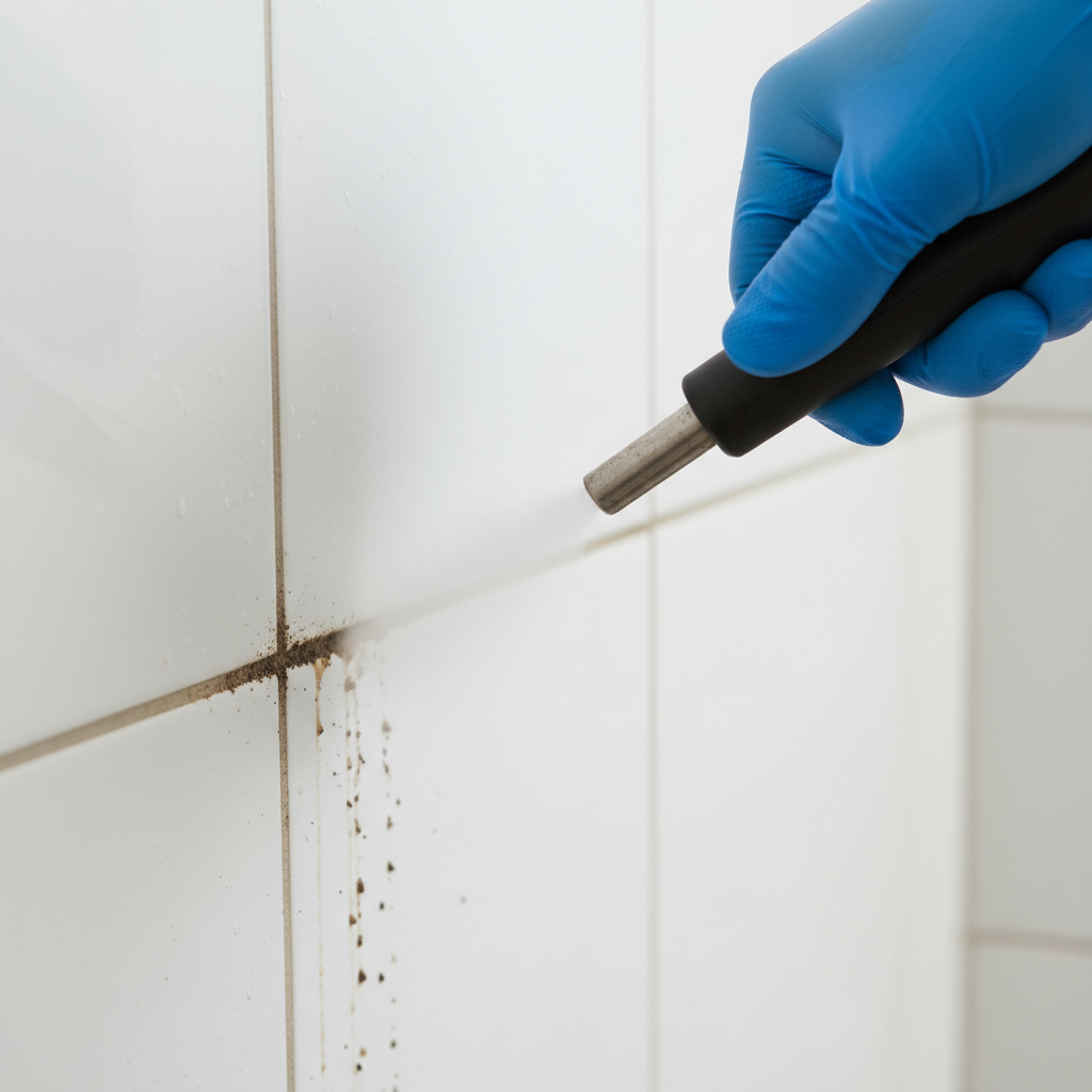 A close-up, professional photograph showing a hand in a protective glove operating a steam cleaner with a specialized narrow nozzle. The nozzle is actively directing a visible jet of hot steam onto a section of discolored, dirty grout between white ceramic tiles. Subtle streaks of grime are shown lifting and dissolving, creating a clear visual contrast between the still-dirty and the beginning-to-clean grout lines. The background is softly blurred to keep focus on the cleaning action, emphasizing effectiveness.