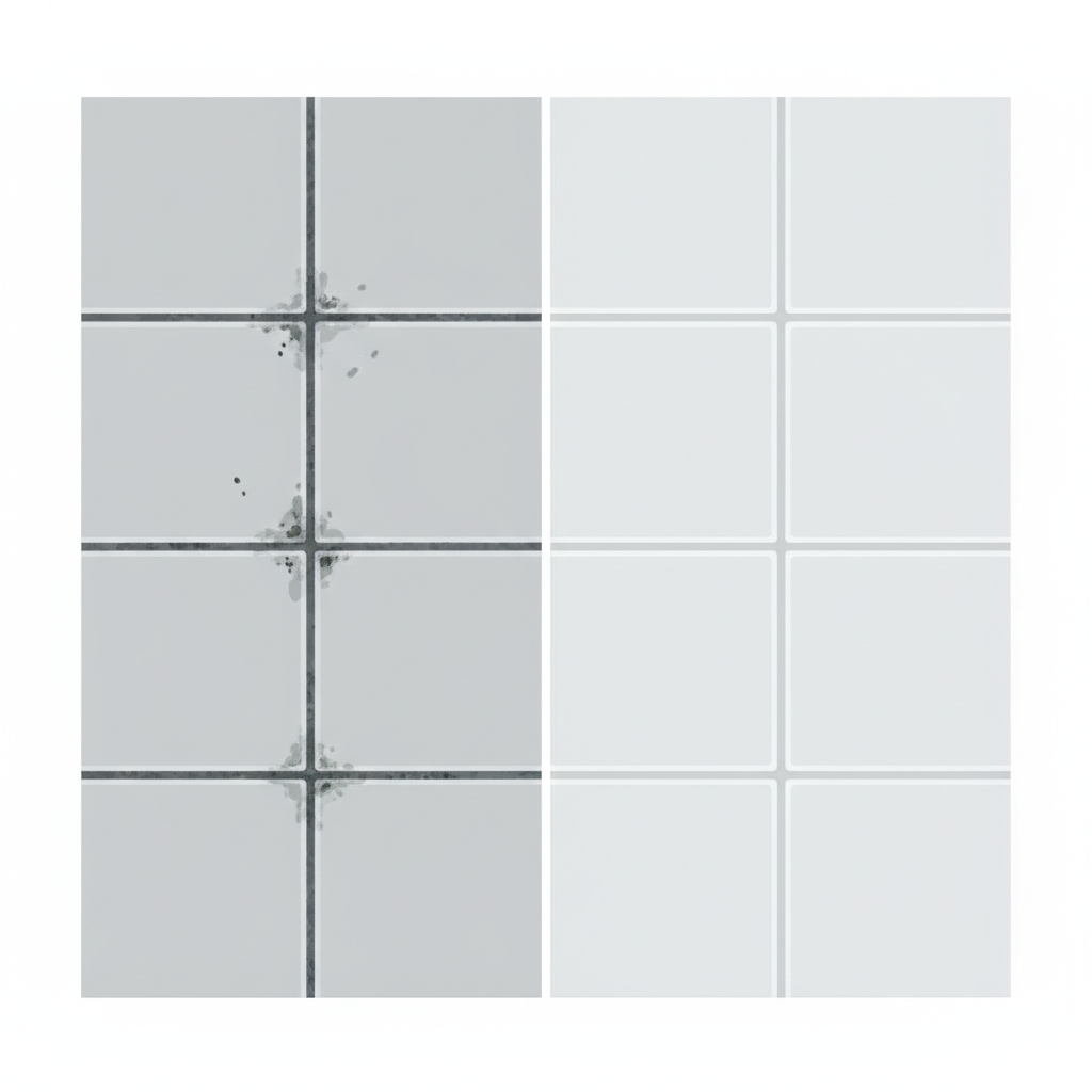 A vivid split-screen or side-by-side illustration in a clean, modern flat design style. On the left side, a section of ceramic tiles features grout lines that are visibly stained, dark, and possibly showing slight mildew. On the right side, the exact same tiled section is depicted with sparkling clean, bright, and uniformly colored grout lines, conveying a sense of pristine hygiene. A subtle visual transition or dividing line emphasizes the dramatic 'before and after' effect of cleaning.