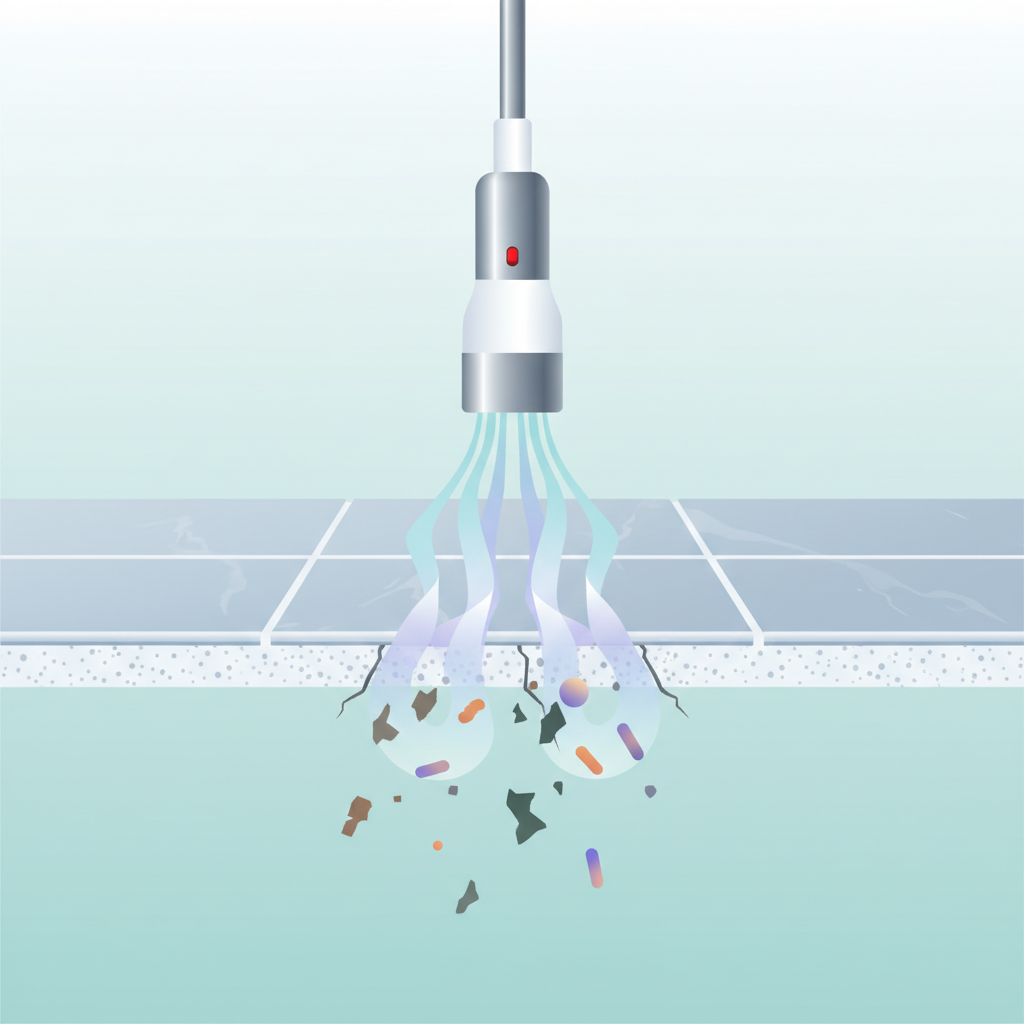 An infographic-style illustration depicting a cross-section view of a tiled floor or wall. A steam cleaner's nozzle is positioned above a grout line, emitting stylized waves of hot steam that penetrate deep into the porous structure of the grout. Tiny, abstract representations of dirt particles and bacteria are shown being dislodged and lifted by the steam, illustrating its cleaning and disinfecting power. Use a bright, clean color palette with subtle gradients for the steam and particles.