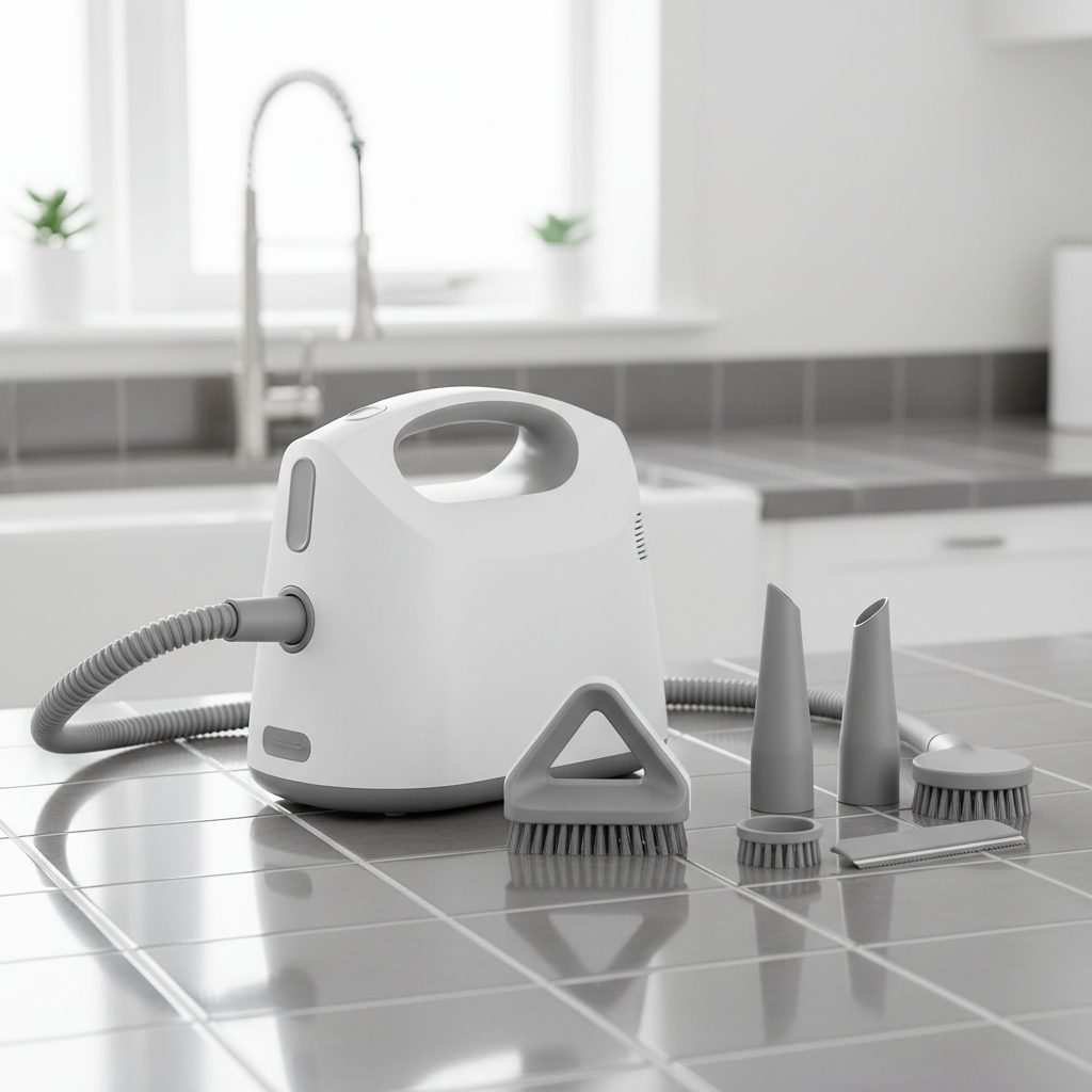 A professional, well-lit studio photograph of a sleek, modern steam cleaner, possibly white or grey, placed on a clean tiled floor or countertop. Several interchangeable nozzles and brush attachments, specifically designed for grout cleaning, are neatly arranged beside it. The composition should highlight the device's design and its accessories, suggesting ease of use and versatility for various cleaning tasks. The background is simple and uncluttered, implying a clean home environment.
