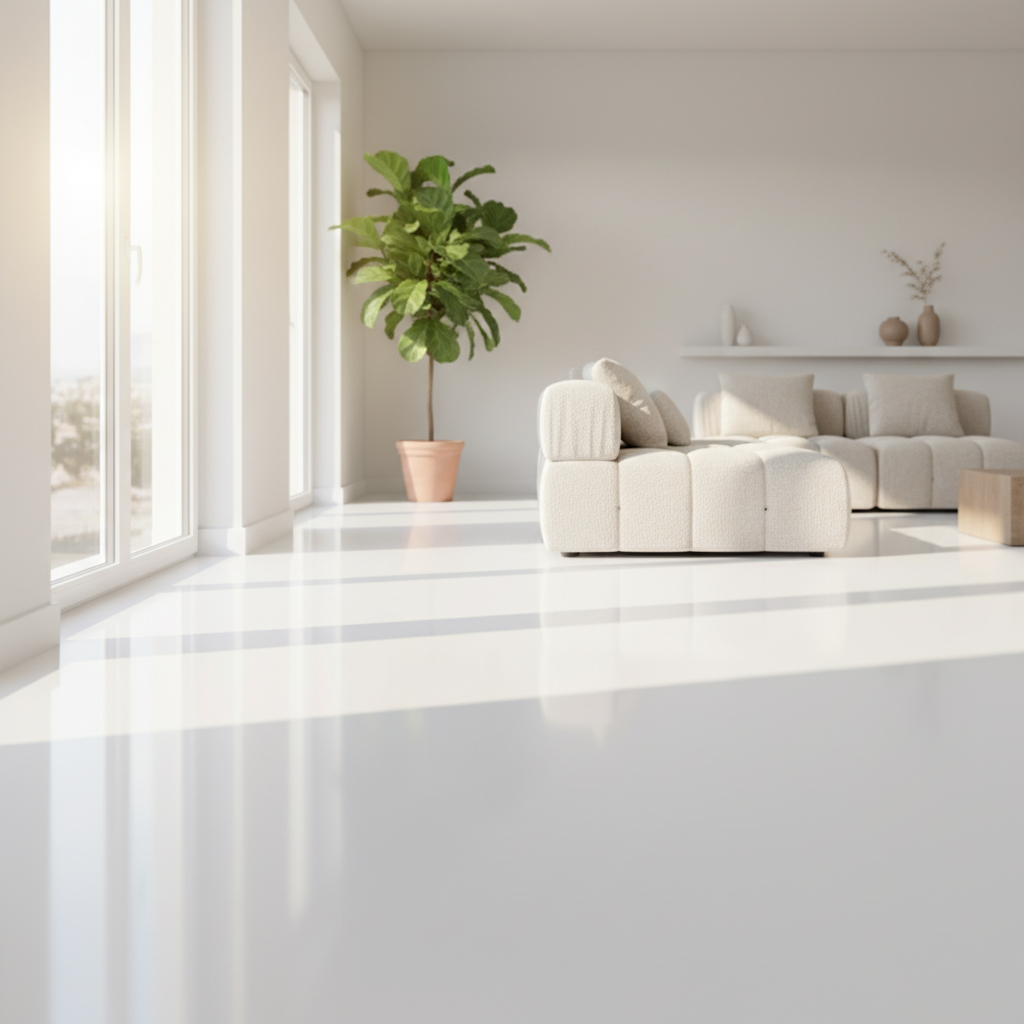 A professional photo of a bright, modern living room with a sparkling clean, seamless floor, showcasing a sense of calm and well-being. Sunlight streams through a window, highlighting the pristine surface. The floor should appear perfectly reflective and free of any dust or dirt. Include a subtle, blurred background of a cozy sofa or plant to suggest a home environment. The overall mood should be inviting and spotless.