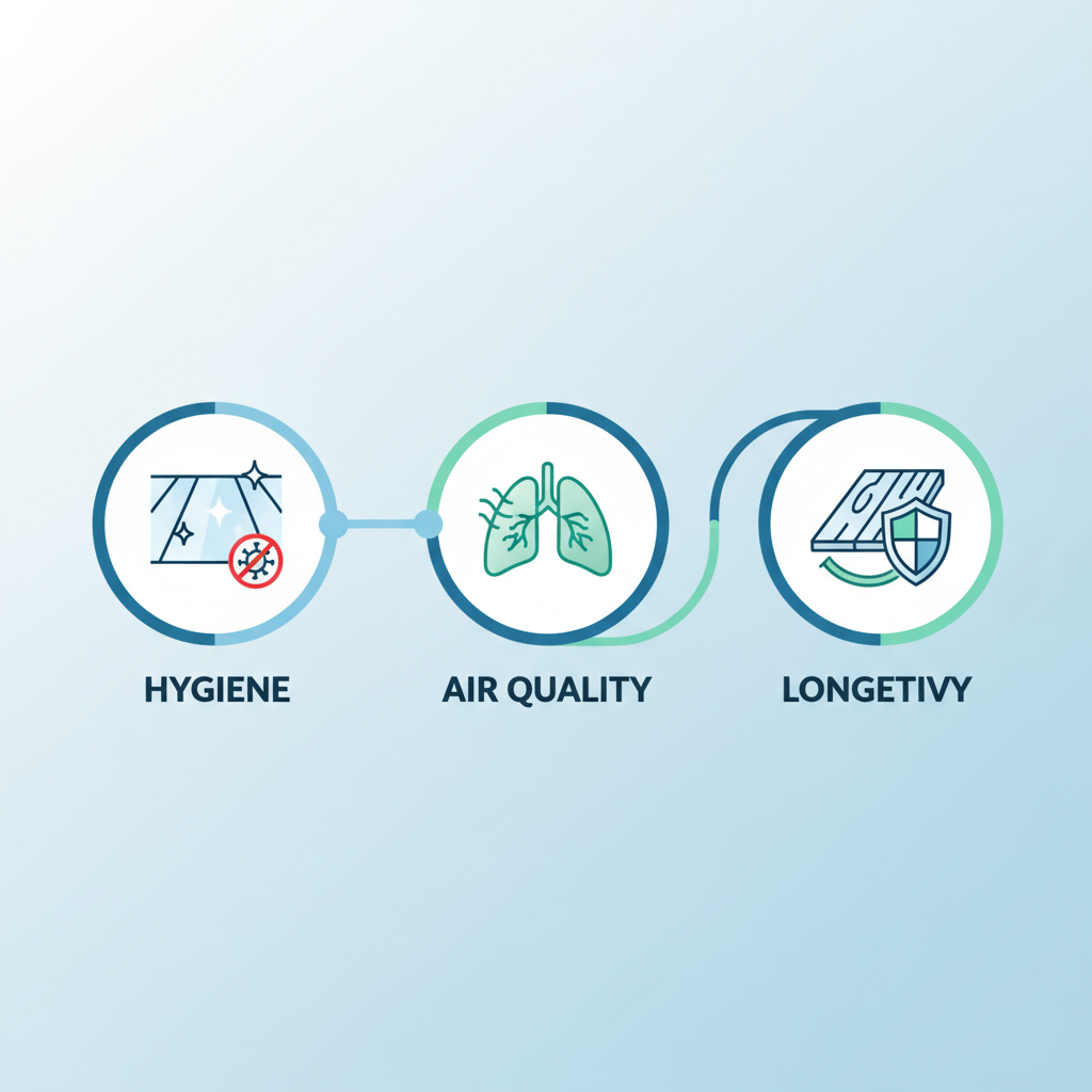 An infographic-style illustration depicting the various benefits of floor cleaning. Circles or icons representing 'Hygiene' (a sparkling clean surface with a small germ icon crossed out), 'Air Quality' (a clear lung or air wave symbol), and 'Longevity' (a floor plank with a protective shield over it) should be visually connected. Each icon should be clean, modern, and easily understandable, using a consistent color palette of blues and greens.