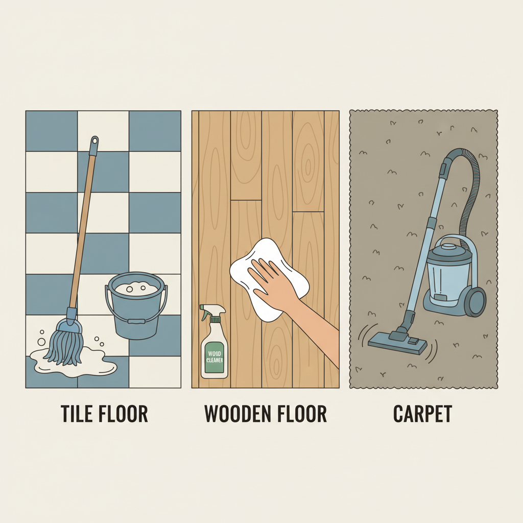 A detailed flat illustration showcasing different types of flooring side-by-side, each with a distinct cleaning method or tool associated with it. From left to right: a robust 'Tile Floor' with a mop and bucket, a delicate 'Wooden Floor' with a soft cloth and wood cleaner spray, and a 'Carpet' with a vacuum cleaner. Each floor type should be clearly distinguishable with subtle texture variations. The style should be clean, educational, and slightly stylized.
