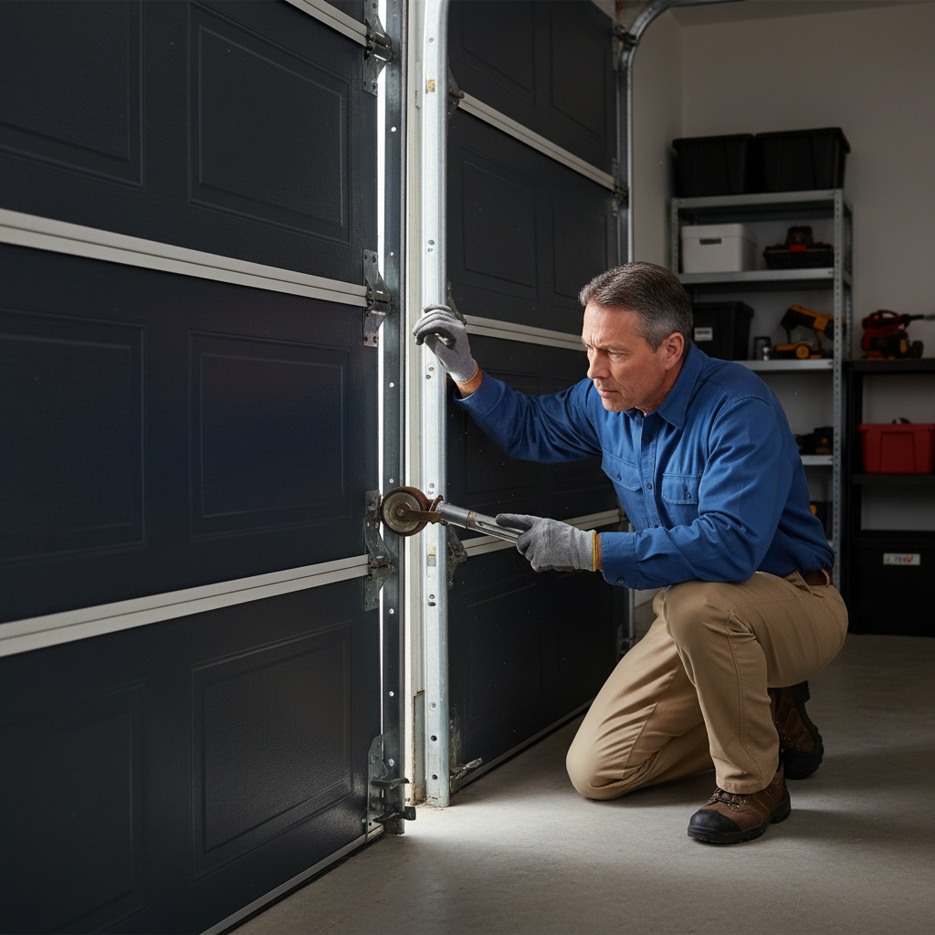 A modern garage door is partially open, revealing the internal mechanism. A concerned homeowner, dressed in casual work clothes, is carefully inspecting a specific, slightly rusty hinge or roller with a focused expression. The lighting is bright and clear, emphasizing the detail of the garage door components and the act of attentive observation. The overall impression should be one of a person actively trying to diagnose a problem, conveying the article's initial premise. Professional photo style.
