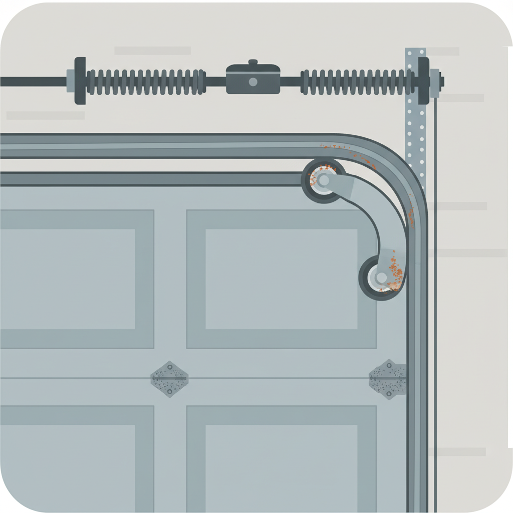 An infographic-style illustration showing a stylized, simplified cross-section or cutaway of a garage door system. Key components like the rollers, hinges, horizontal tracks, vertical tracks, and a torsion spring assembly are clearly visible and slightly emphasized. Some of these components, particularly the hinges and rollers, subtly show signs of dryness, light rust, or grime, visually indicating friction or wear. The illustration uses a clean, modern color palette to depict the different parts. Flat illustration style.