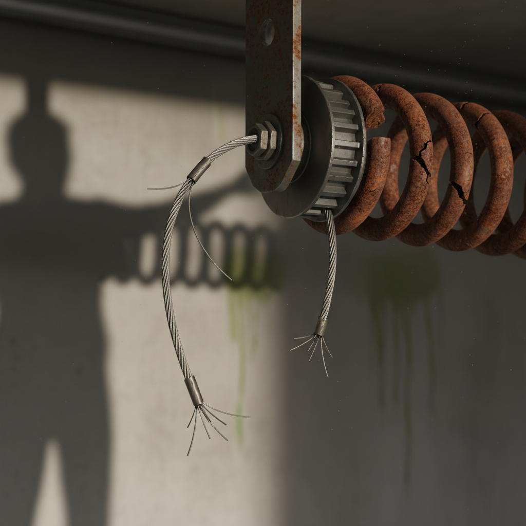 A close-up, slightly dramatic professional photo or realistic illustration of a garage door's internal mechanism. The focus is on a visibly frayed or snapped cable near a drum, or a heavily rusted, stressed torsion spring, clearly indicating an impending or recent failure. The scene should convey a sense of tension or danger, with perhaps a subtle visual cue like a shadow indicating potential presence of a person nearby, without showing actual injury. The lighting could be a bit stark to emphasize the broken parts. Realistic illustration.