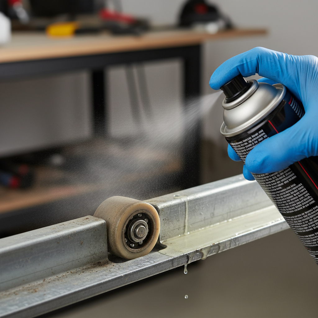 A detailed, close-up professional photo capturing the action of a gloved hand applying a clear, oily lubricant spray to a garage door roller on its track. The roller and track should appear well-defined, showing both a 'before' (dry/grimy) and 'after' (lubricated) appearance, or simply the efficient application of the product. The lubricant mist is subtly visible, highlighting the active maintenance. The focus is entirely on the practical solution and the direct interaction with the component. Professional photo style.
