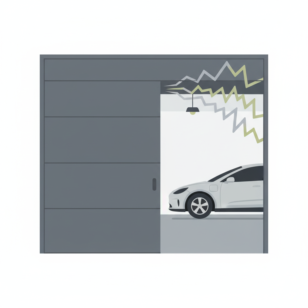 A slightly open, dark grey garage door with a subtle, abstract representation of an unpleasant sound emanating from its upper hinge or roller track area. Imagine wavy lines or a muted, disruptive visual texture originating from the hinge, suggesting a squeak. The overall mood should convey slight irritation or a minor disruption in an otherwise clean, modern garage setting. Flat illustration with a focus on simplicity and conveying sound through abstract visual elements.