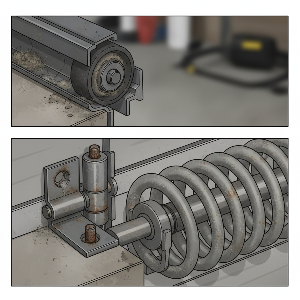 A detailed close-up illustration of garage door components: a roller in its track, a hinge, and a section of a torsion spring. The parts are clearly visible, with visual indications of neglect such as dry, slightly rusty hinge pins, accumulated dust and grime on the roller and track, and a dull, unlubricated appearance on the spring coils. The background is blurred, focusing attention on these problematic mechanical elements. Technical diagram style with clear distinction of parts.