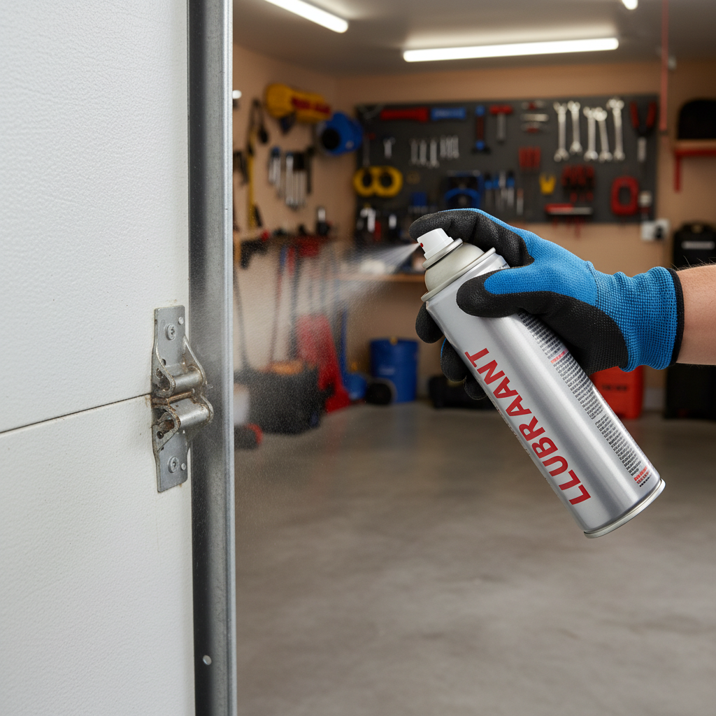 A professional photo showing a person's hand, wearing a work glove, holding a spray can of lubricant and applying it precisely to a hinge on the inside of an open garage door. The lubricant spray is visually depicted as a fine mist targeting the hinge joint. The garage interior is clean and well-lit, highlighting the actionable step of maintenance. Focus on the detailed process and tools.